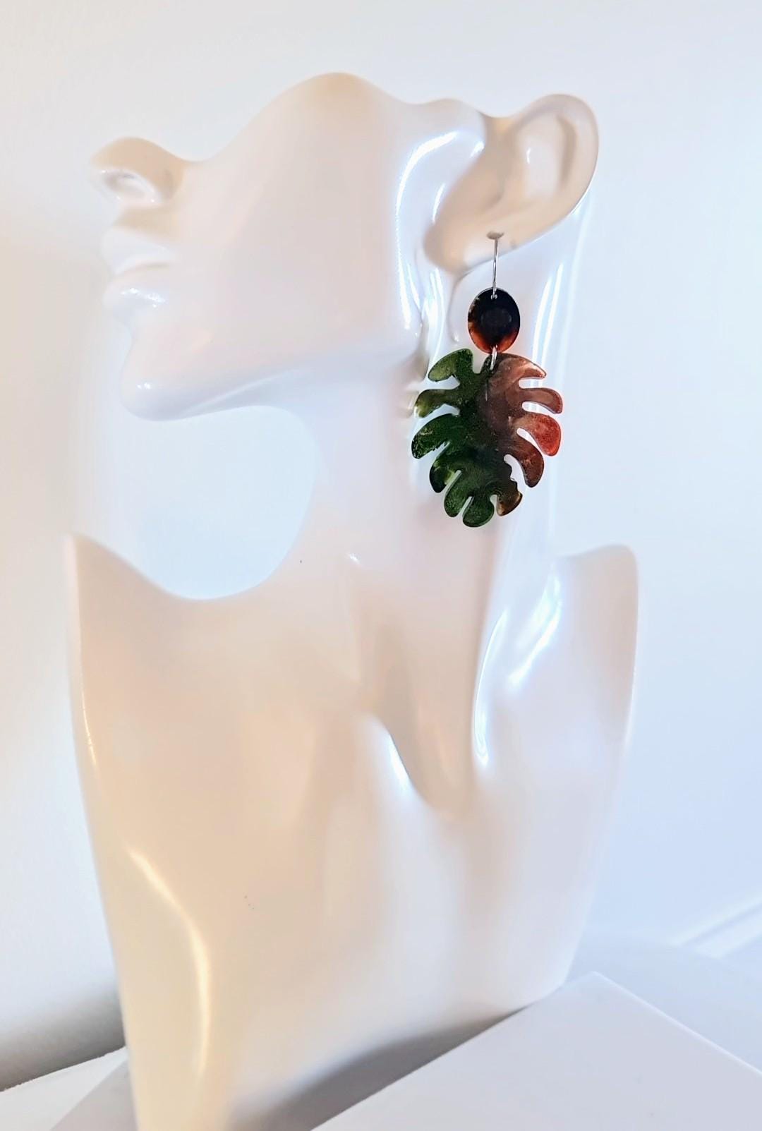 Large Monstera Leaf Long Dangle Earrings, Orange Green Resin Dangle Statement Earrings, Hypoallergenic Nature inspired Earrings