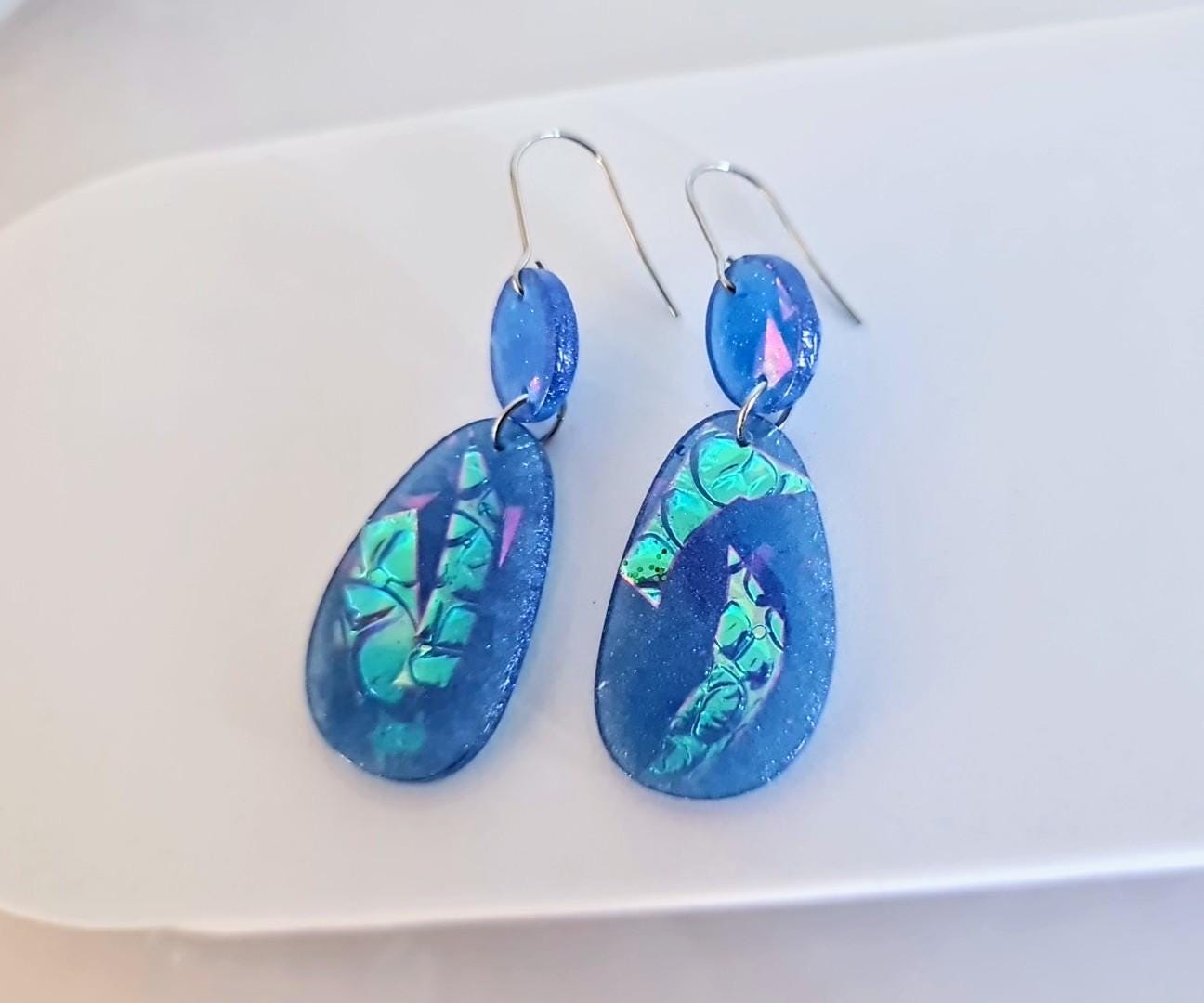 Blue Mermaid Holographic Hook Earrings, Oval Organic Shape Earrings, Resin Handmade, Stainless Steel Hypoallergenic Gift