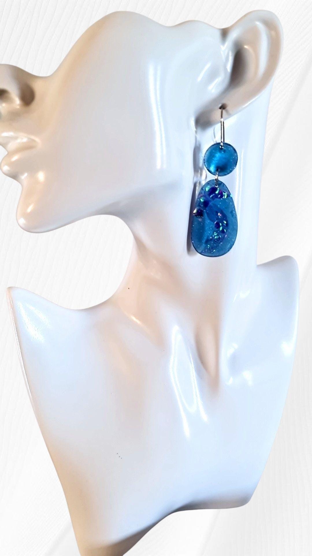 Blue Mermaid Holographic Hook Earrings, Oval Organic Shape Earrings, Resin Handmade, Stainless Steel Hypoallergenic Gift