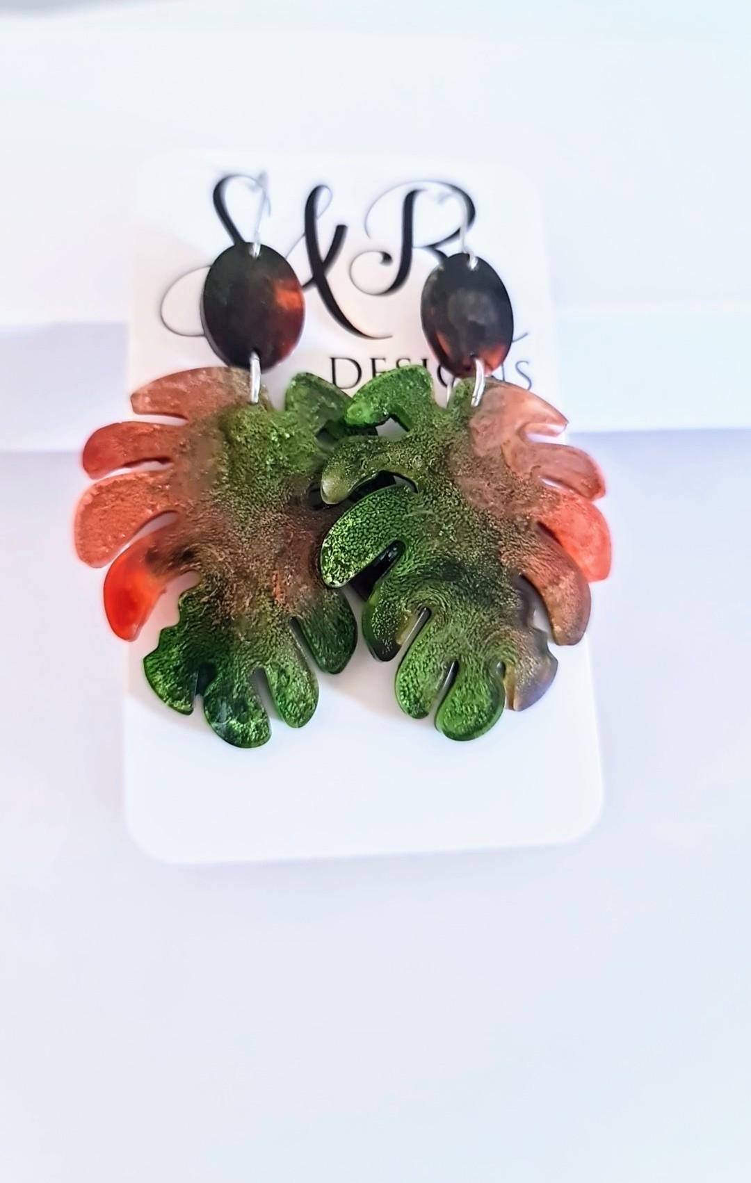 Large Monstera Leaf Long Dangle Earrings, Orange Green Resin Dangle Statement Earrings, Hypoallergenic Nature inspired Earrings