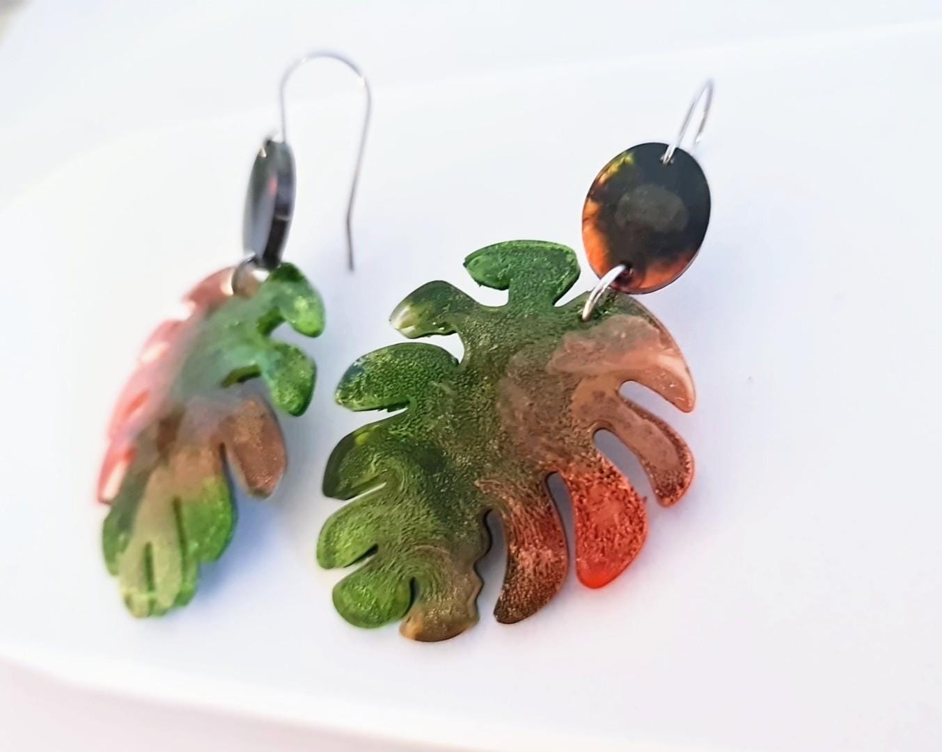 Large Monstera Leaf Long Dangle Earrings, Orange Green Resin Dangle Statement Earrings, Hypoallergenic Nature inspired Earrings