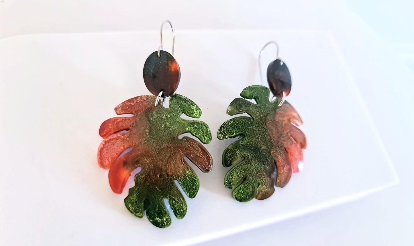 Large Monstera Leaf Long Dangle Earrings, Orange Green Resin Dangle Statement Earrings, Hypoallergenic Nature inspired Earrings