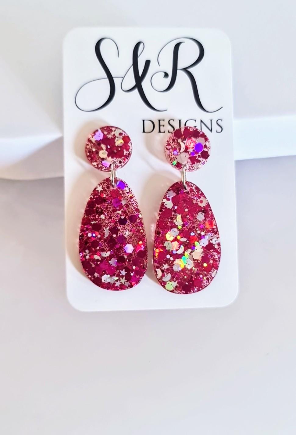 Oval Organic Shape Pink Silver Glitter Earrings, Pink and Silver Holographic Mix Glitter, Resin Handmade, Stainless Steel. Statement Gift