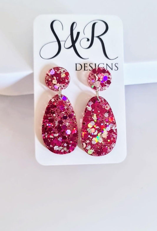 Oval Organic Shape Pink Silver Glitter Earrings, Pink and Silver Holographic Mix Glitter, Resin Handmade, Stainless Steel. Statement Gift