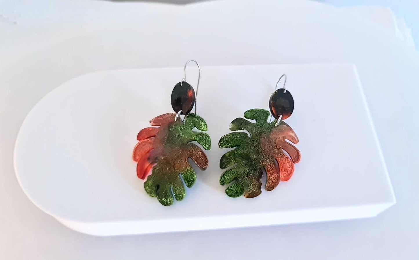 Large Monstera Leaf Long Dangle Earrings, Orange Green Resin Dangle Statement Earrings, Hypoallergenic Nature inspired Earrings