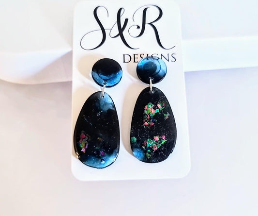 Blue Black Metalic Drop Earrings, Oval Organic Shape Earrings, Multicoloured Glitter, Resin Handmade, Stainless Steel Hypoallergenic. Gift