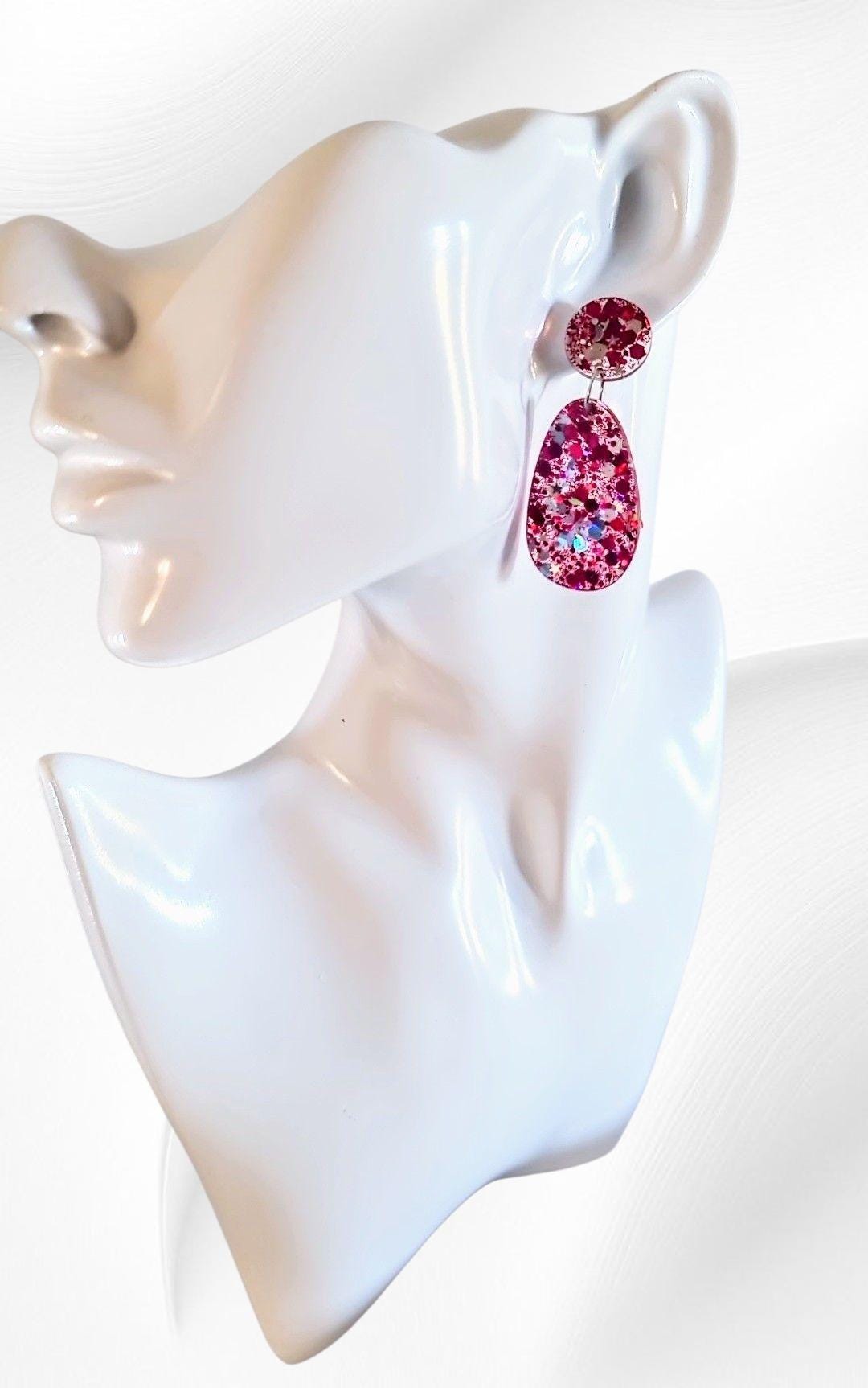 Oval Organic Shape Pink Silver Glitter Earrings, Pink and Silver Holographic Mix Glitter, Resin Handmade, Stainless Steel. Statement Gift