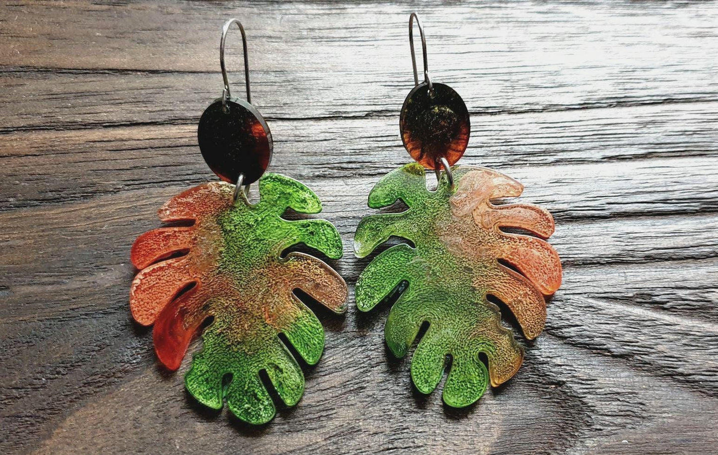Large Monstera Leaf Long Dangle Earrings, Orange Green Resin Dangle Statement Earrings, Hypoallergenic Nature inspired Earrings