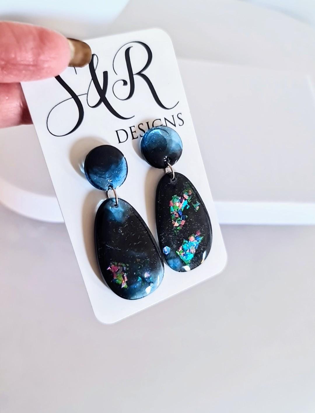 Blue Black Metalic Drop Earrings, Oval Organic Shape Earrings, Multicoloured Glitter, Resin Handmade, Stainless Steel Hypoallergenic. Gift