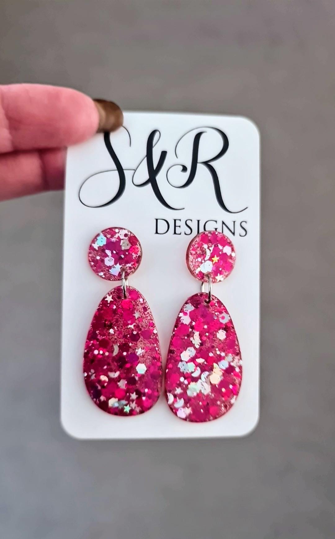 Oval Organic Shape Pink Silver Glitter Earrings, Pink and Silver Holographic Mix Glitter, Resin Handmade, Stainless Steel. Statement Gift