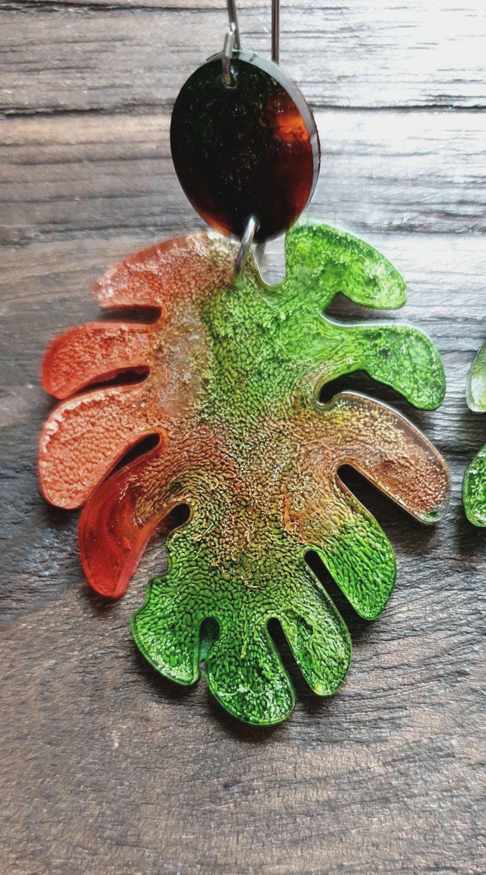 Large Monstera Leaf Long Dangle Earrings, Orange Green Resin Dangle Statement Earrings, Hypoallergenic Nature inspired Earrings
