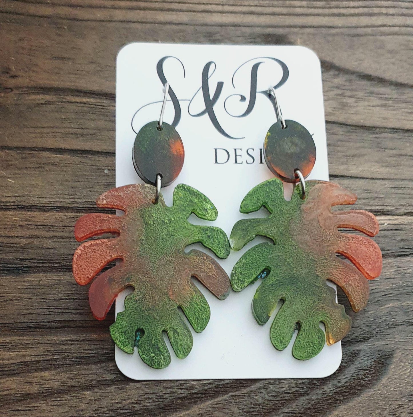 Large Monstera Leaf Long Dangle Earrings, Orange Green Resin Dangle Statement Earrings, Hypoallergenic Nature inspired Earrings