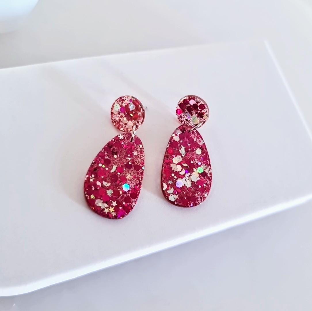 Oval Organic Shape Pink Silver Glitter Earrings, Pink and Silver Holographic Mix Glitter, Resin Handmade, Stainless Steel. Statement Gift