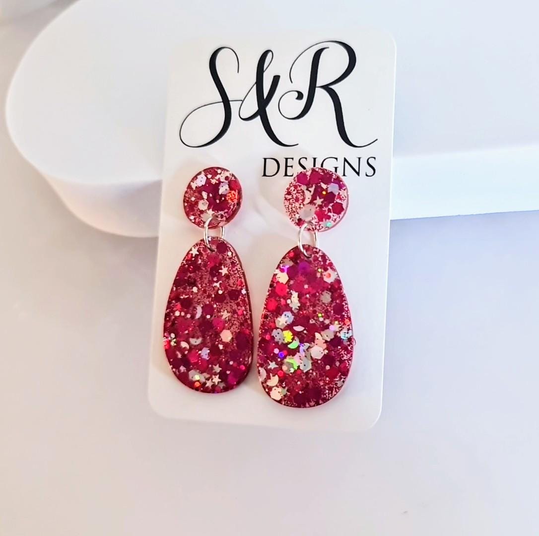 Oval Organic Shape Pink Silver Glitter Earrings, Pink and Silver Holographic Mix Glitter, Resin Handmade, Stainless Steel. Statement Gift