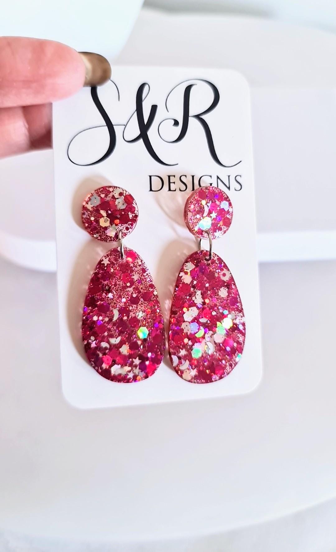 Oval Organic Shape Pink Silver Glitter Earrings, Pink and Silver Holographic Mix Glitter, Resin Handmade, Stainless Steel. Statement Gift