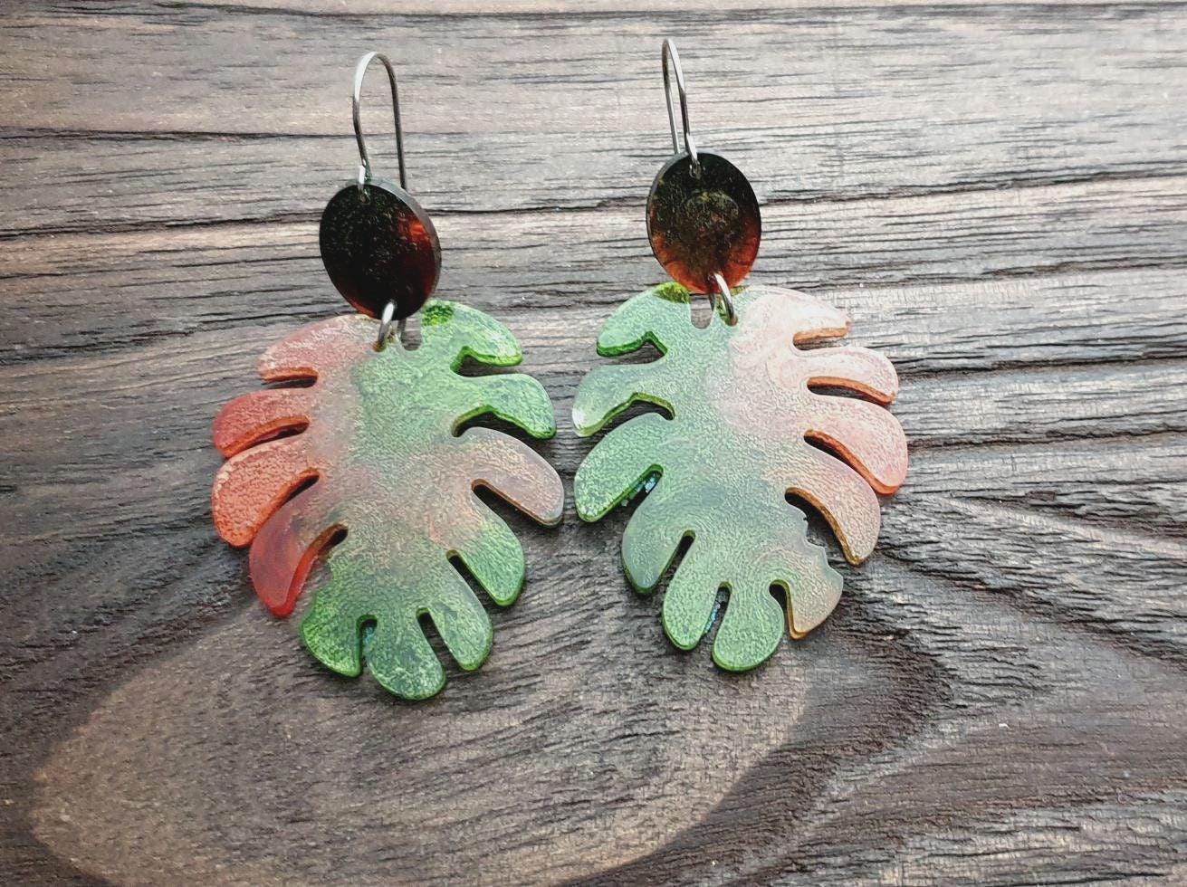 Large Monstera Leaf Long Dangle Earrings, Orange Green Resin Dangle Statement Earrings, Hypoallergenic Nature inspired Earrings