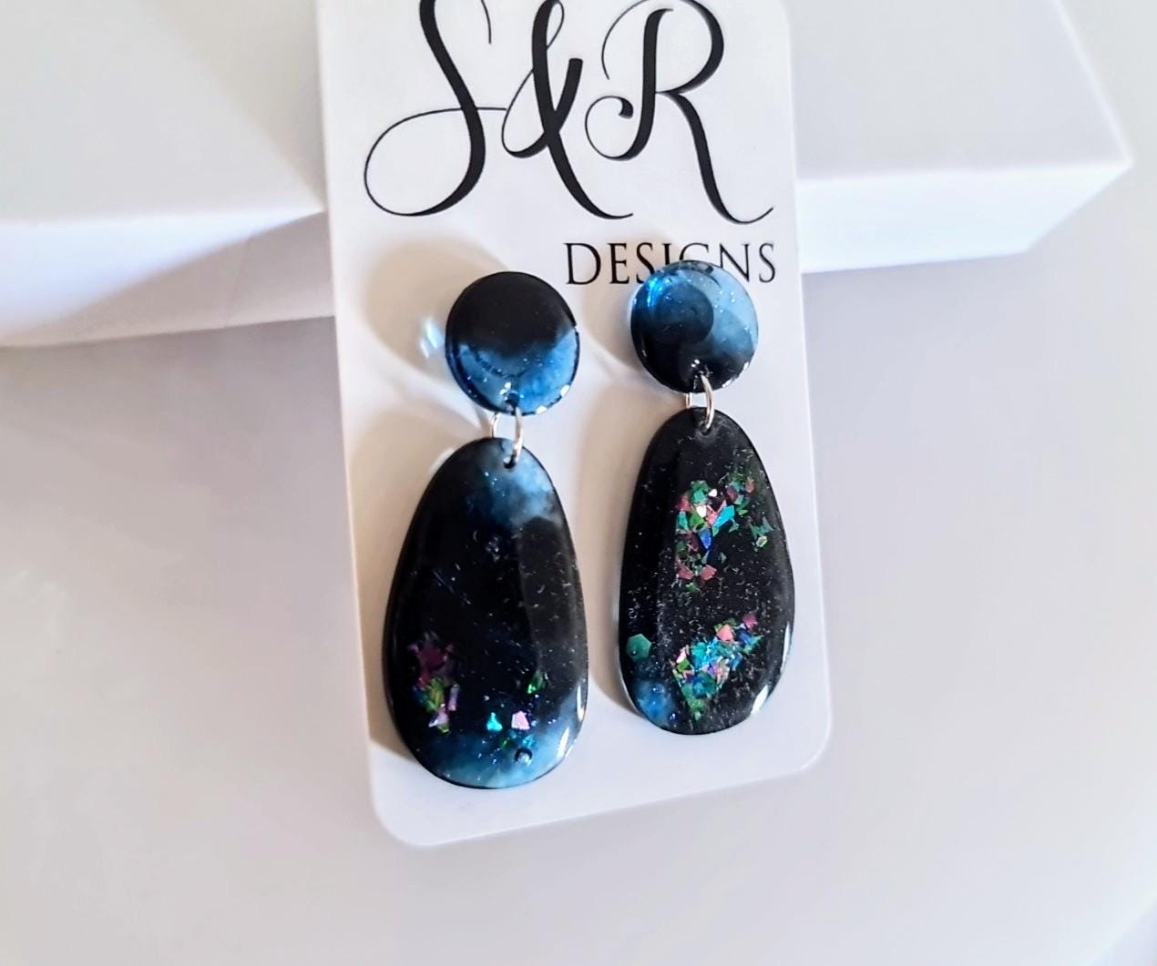Blue Black Metalic Drop Earrings, Oval Organic Shape Earrings, Multicoloured Glitter, Resin Handmade, Stainless Steel Hypoallergenic. Gift