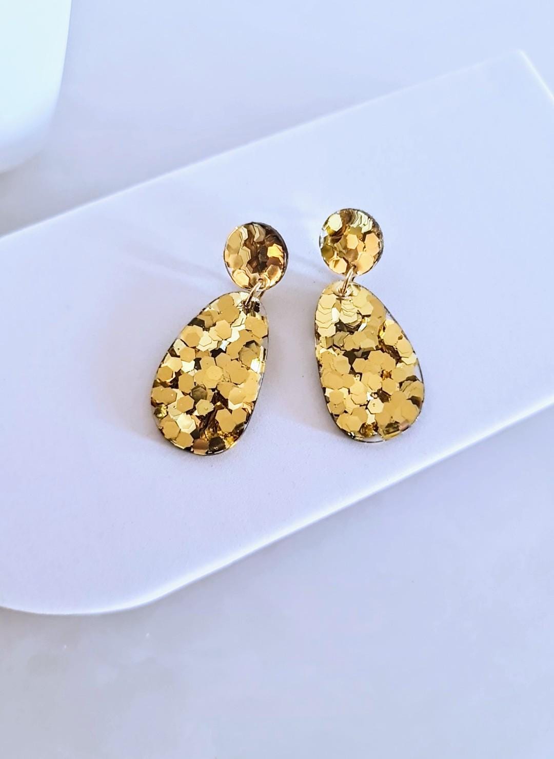 Oval Organic Shape Gold Drop Earrings, Gold Chunky Glitter, Resin Handmade, Stainless Steel Hypoallergenic. Personalised Gift Custom Colours