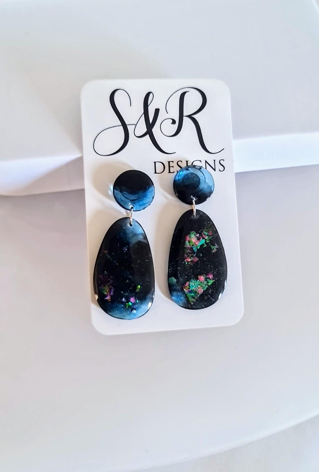 Blue Black Metalic Drop Earrings, Oval Organic Shape Earrings, Multicoloured Glitter, Resin Handmade, Stainless Steel Hypoallergenic. Gift
