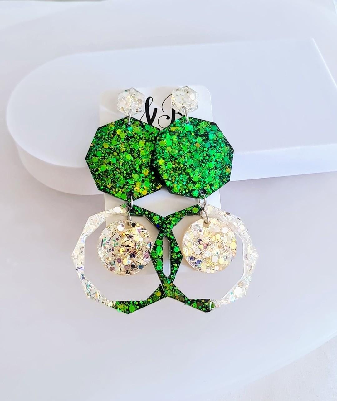 Green Oversized Long Earrings, Hypoallergenic Stainless Steel Hooks, Glitter Geometric Statement, Bold Chunky Lightweight Jewellery