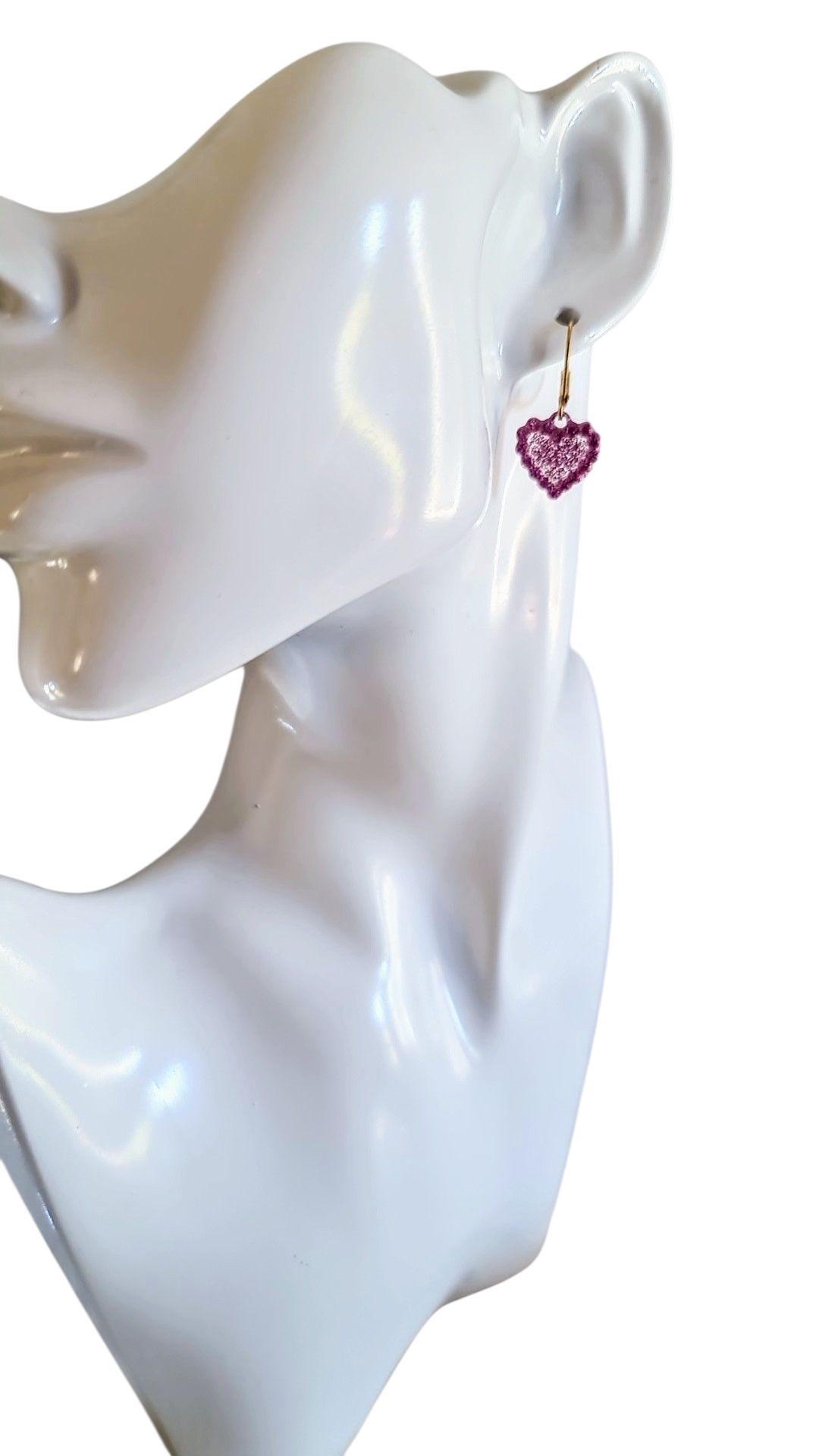 Pricilla Pink Heart Earrings, Minimalist Heart Drop Earrings, Gold Stainless Steel Dangle Drops, Choose Leverback or Hook Earwire Earrings.