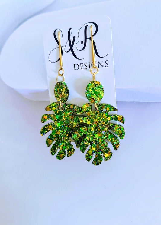 Green Monstera Leaf Dangle Earrings, Gold Glitter Resin Statement Jewelry