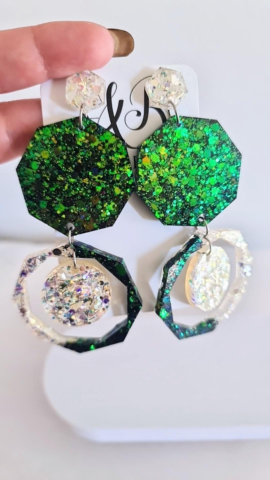 Green Oversized Long Earrings, Hypoallergenic Stainless Steel Hooks, Glitter Geometric Statement, Bold Chunky Lightweight Jewellery