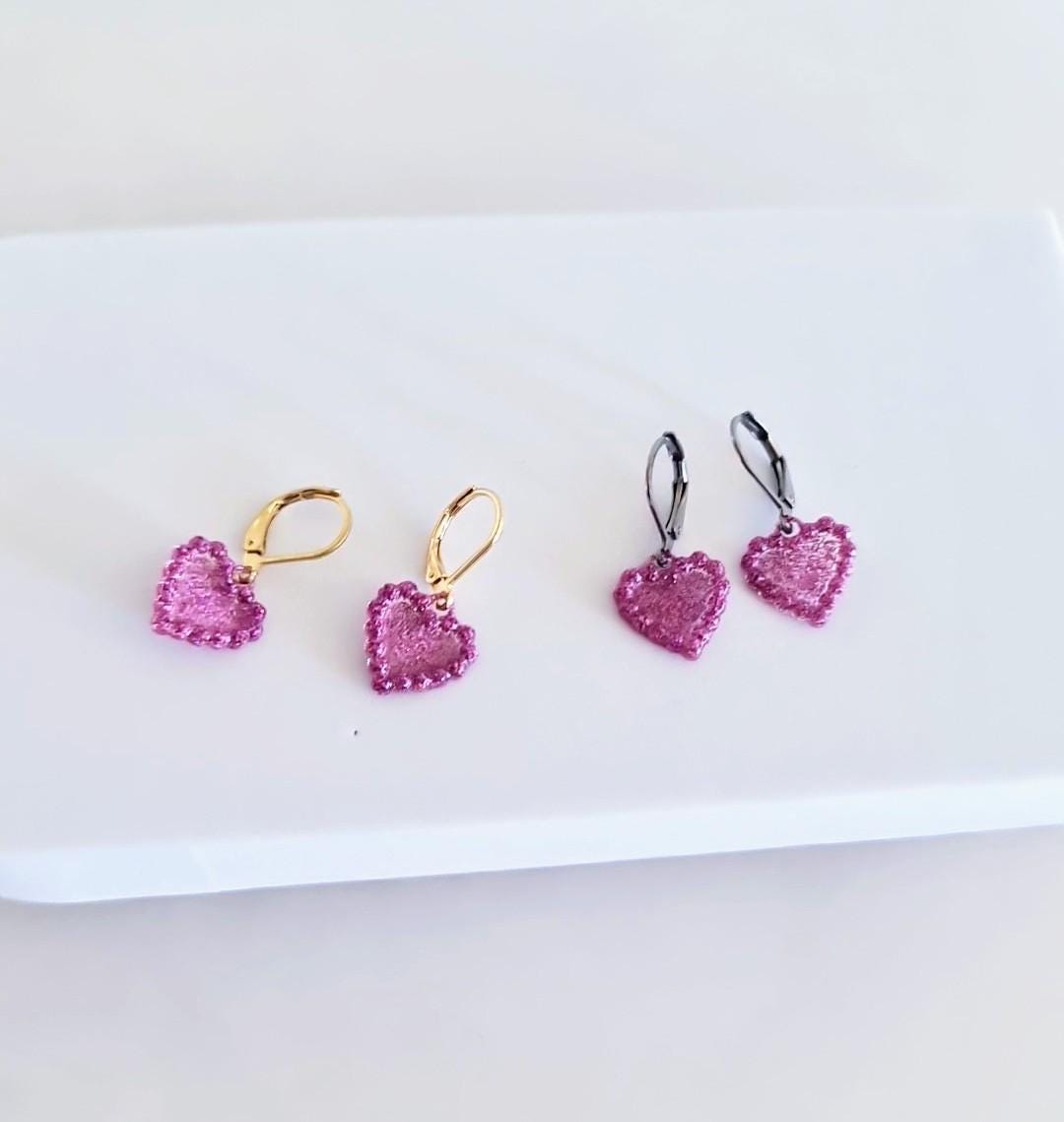 Pink Heart Drop Earrings, Gold Stainless Steel Dangle, Minimalist Jewellery