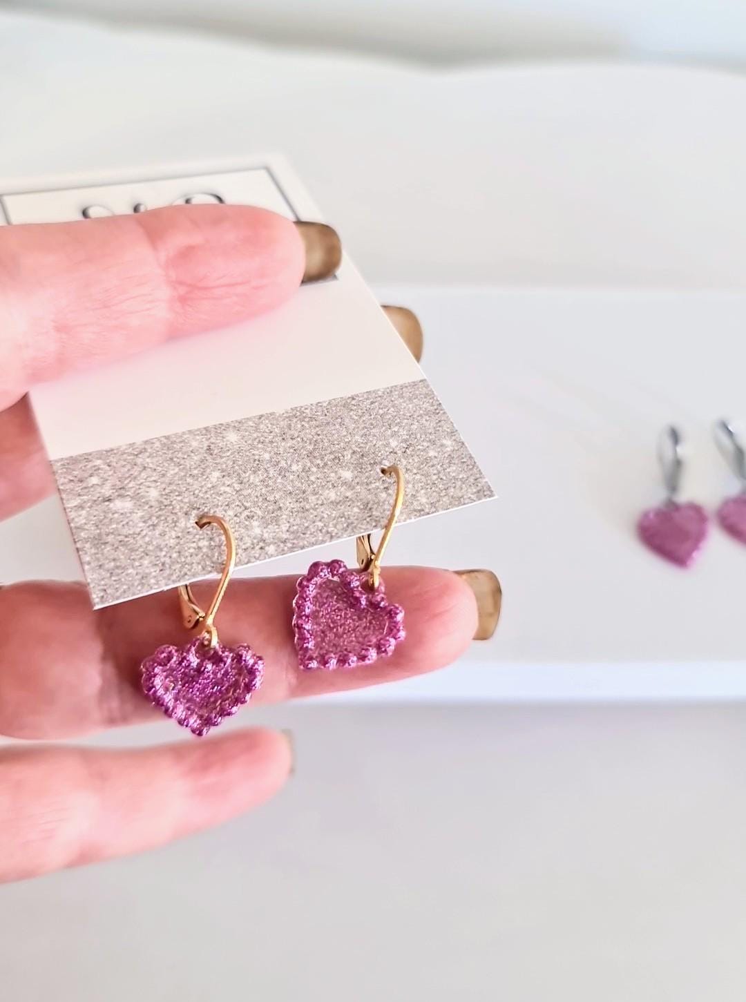 Pink Heart Drop Earrings, Gold Stainless Steel Dangle, Minimalist Jewellery