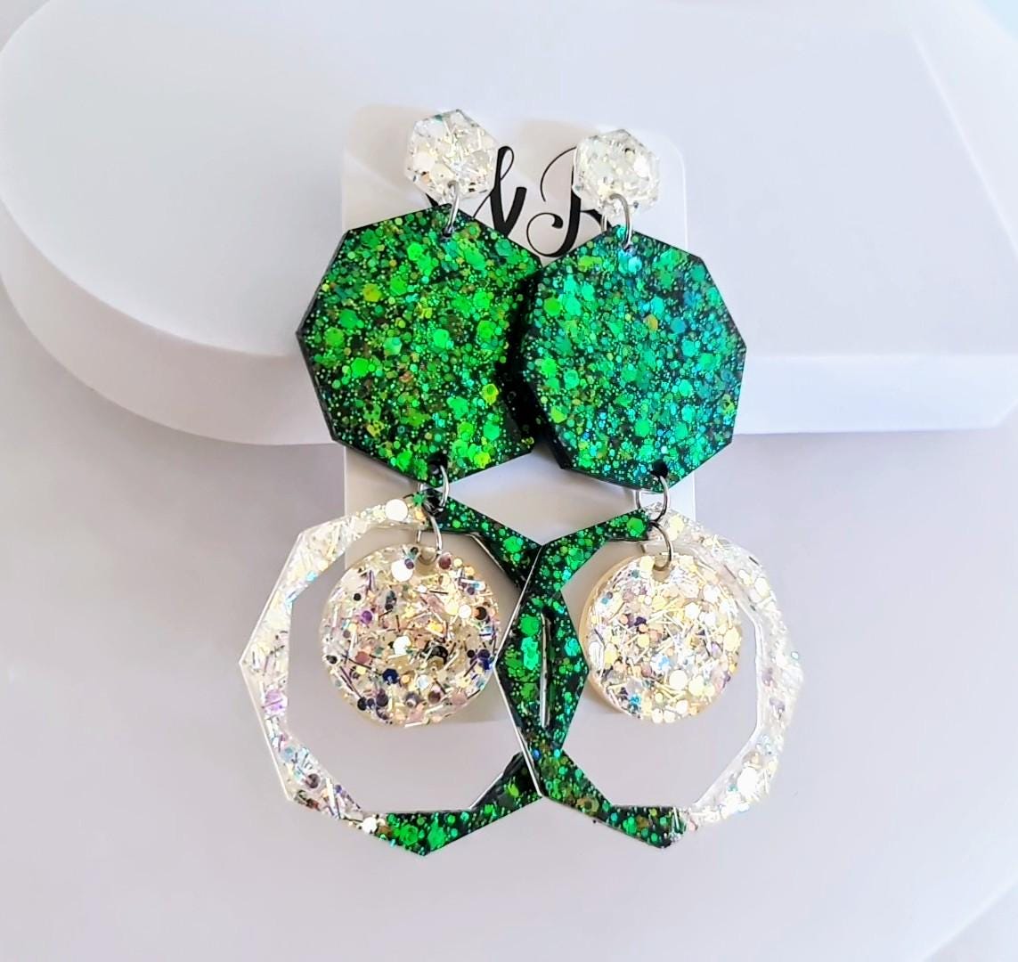 Green Oversized Long Earrings, Hypoallergenic Stainless Steel Hooks, Glitter Geometric Statement, Bold Chunky Lightweight Jewellery