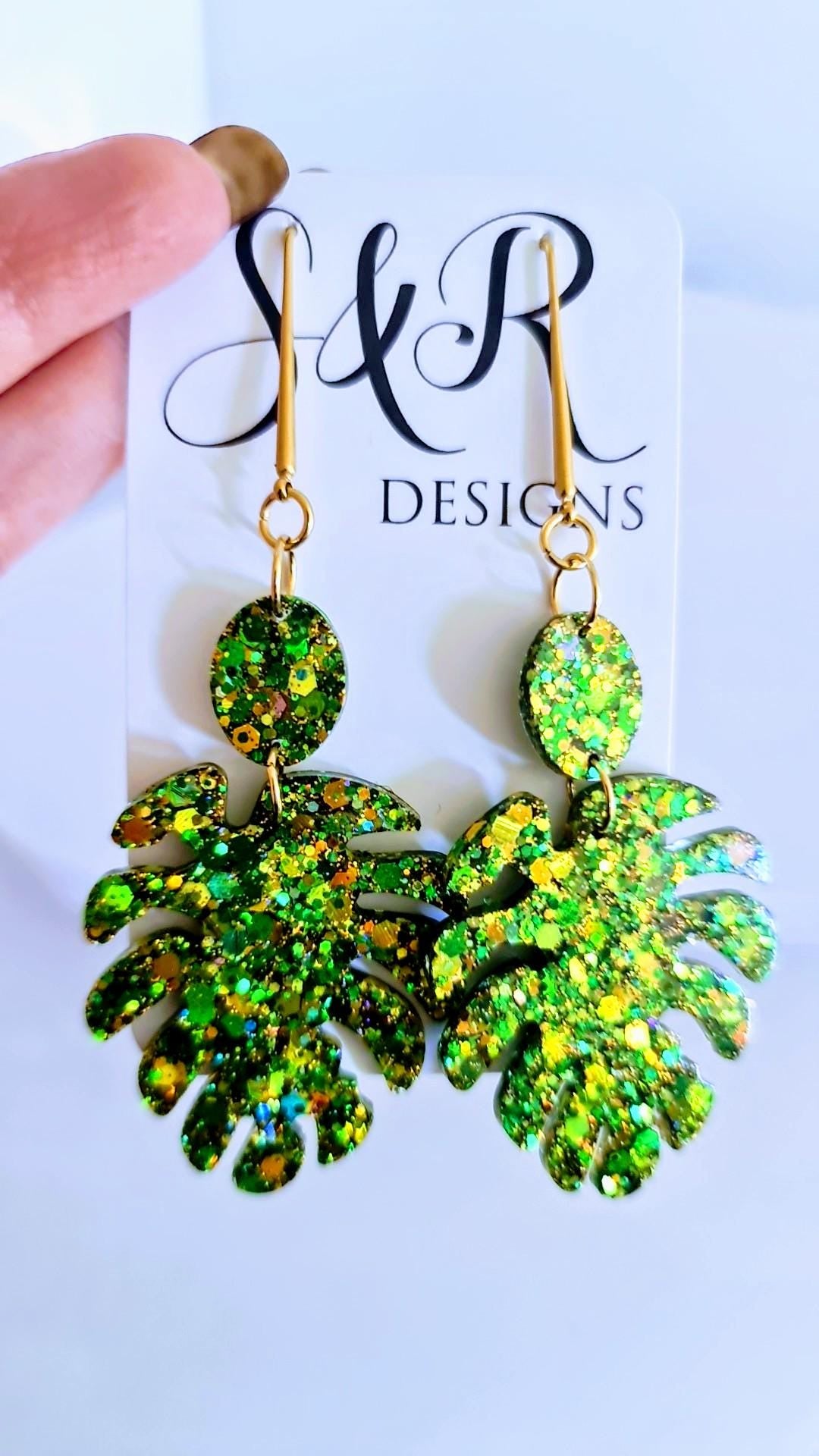 Green Monstera Leaf Dangle Earrings, Gold Glitter Resin Statement Jewelry