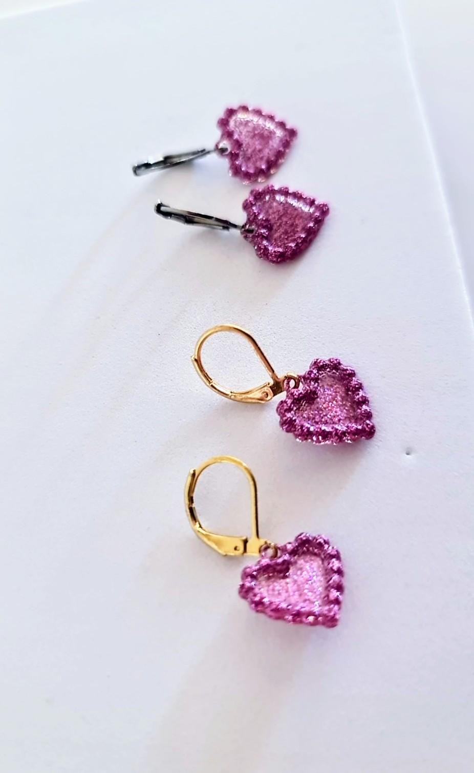 Pricilla Pink Heart Earrings, Minimalist Heart Drop Earrings, Gold Stainless Steel Dangle Drops, Choose Leverback or Hook Earwire Earrings.