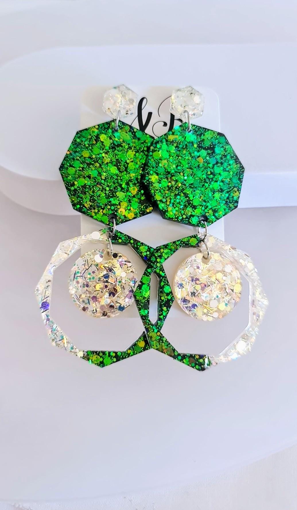 Green Oversized Long Earrings, Hypoallergenic Stainless Steel Hooks, Glitter Geometric Statement, Bold Chunky Lightweight Jewellery