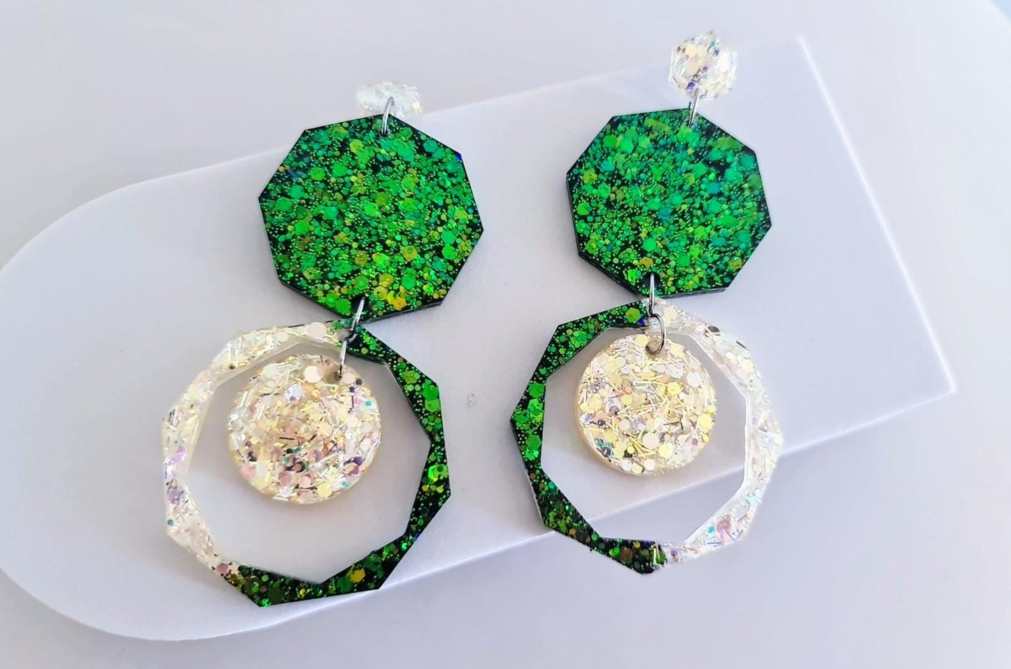 Green Oversized Long Earrings, Hypoallergenic Stainless Steel Hooks, Glitter Geometric Statement, Bold Chunky Lightweight Jewellery