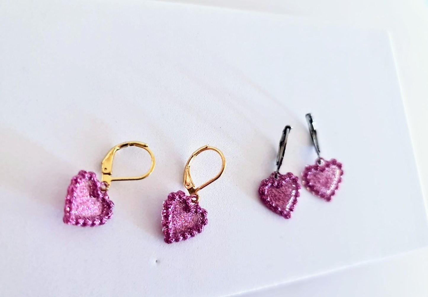 Pricilla Pink Heart Earrings, Minimalist Heart Drop Earrings, Gold Stainless Steel Dangle Drops, Choose Leverback or Hook Earwire Earrings.