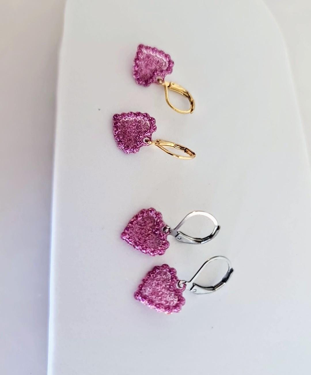 Pink Heart Drop Earrings, Gold Stainless Steel Dangle, Minimalist Jewellery