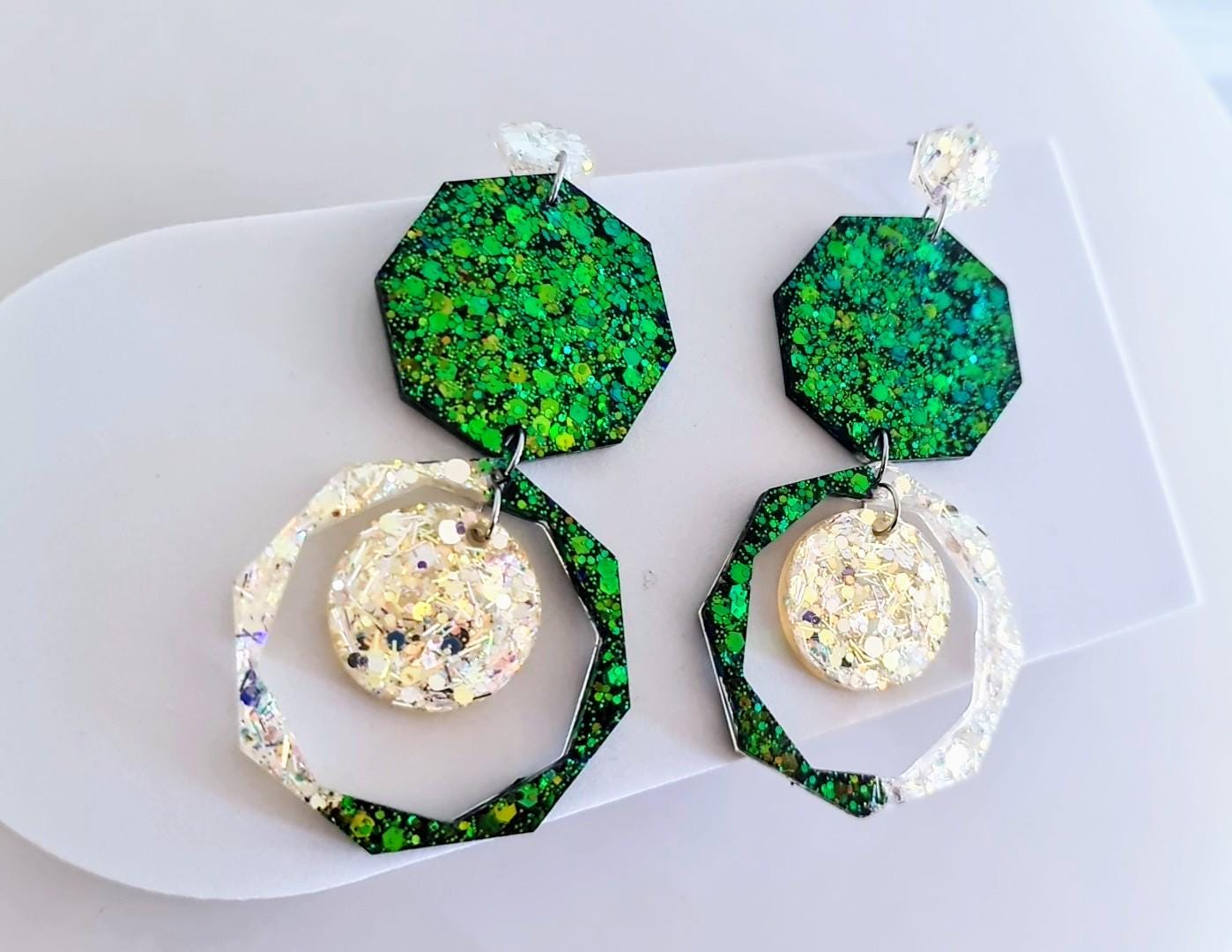 Green Oversized Long Earrings, Hypoallergenic Stainless Steel Hooks, Glitter Geometric Statement, Bold Chunky Lightweight Jewellery