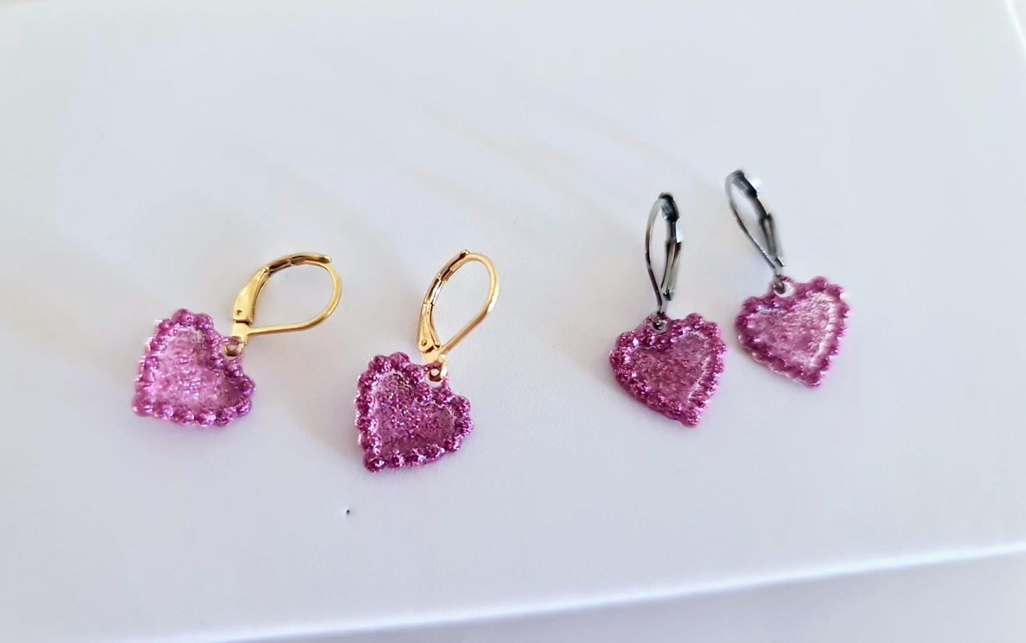Pink Heart Drop Earrings, Gold Stainless Steel Dangle, Minimalist Jewellery