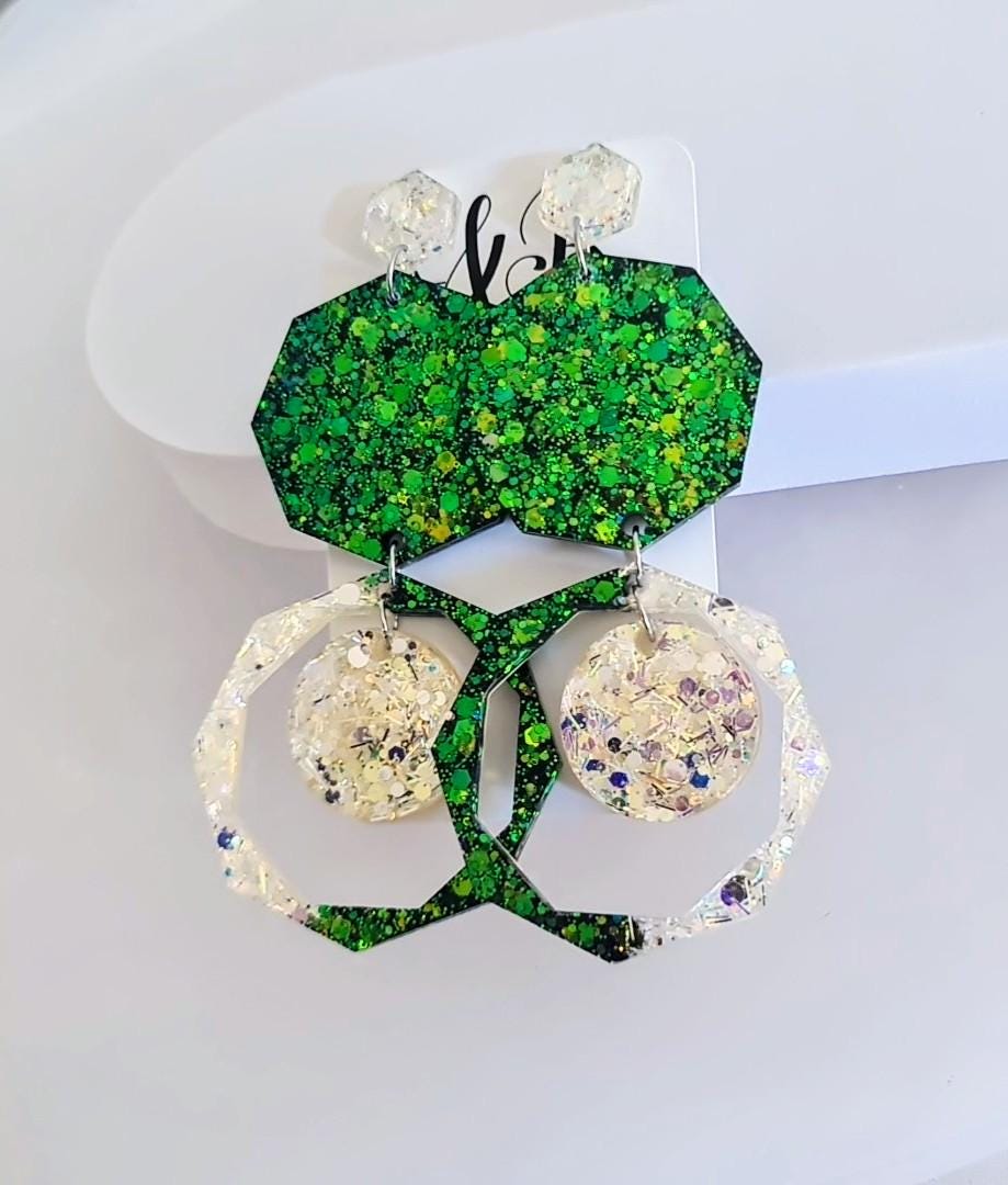 Green Oversized Long Earrings, Hypoallergenic Stainless Steel Hooks, Glitter Geometric Statement, Bold Chunky Lightweight Jewellery