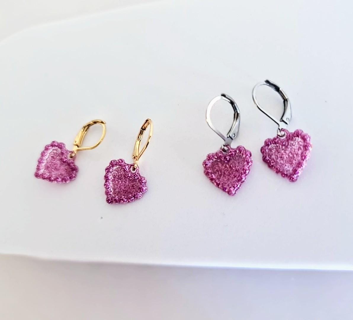 Pricilla Pink Heart Earrings, Minimalist Heart Drop Earrings, Gold Stainless Steel Dangle Drops, Choose Leverback or Hook Earwire Earrings.