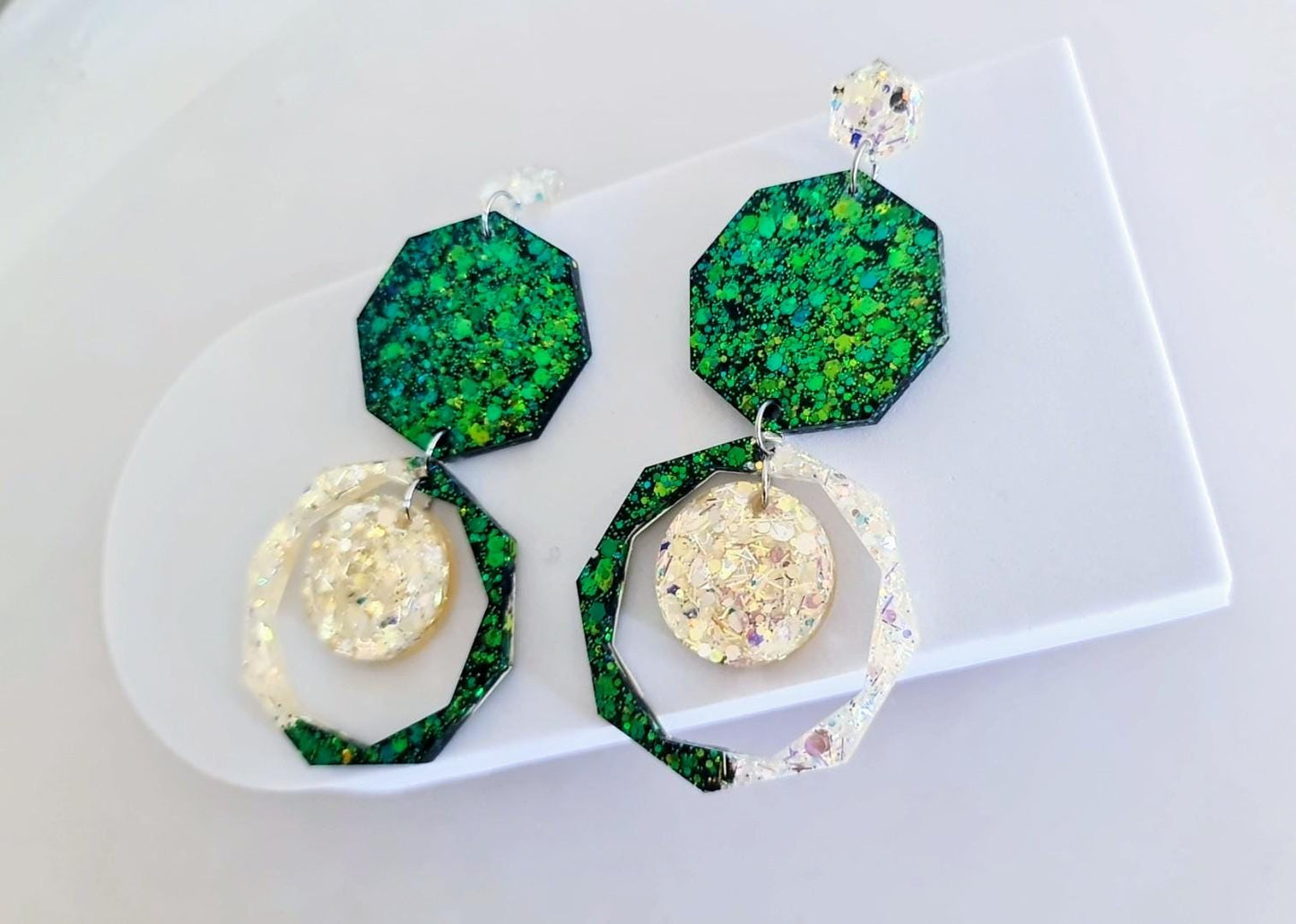 Green Oversized Long Earrings, Hypoallergenic Stainless Steel Hooks, Glitter Geometric Statement, Bold Chunky Lightweight Jewellery