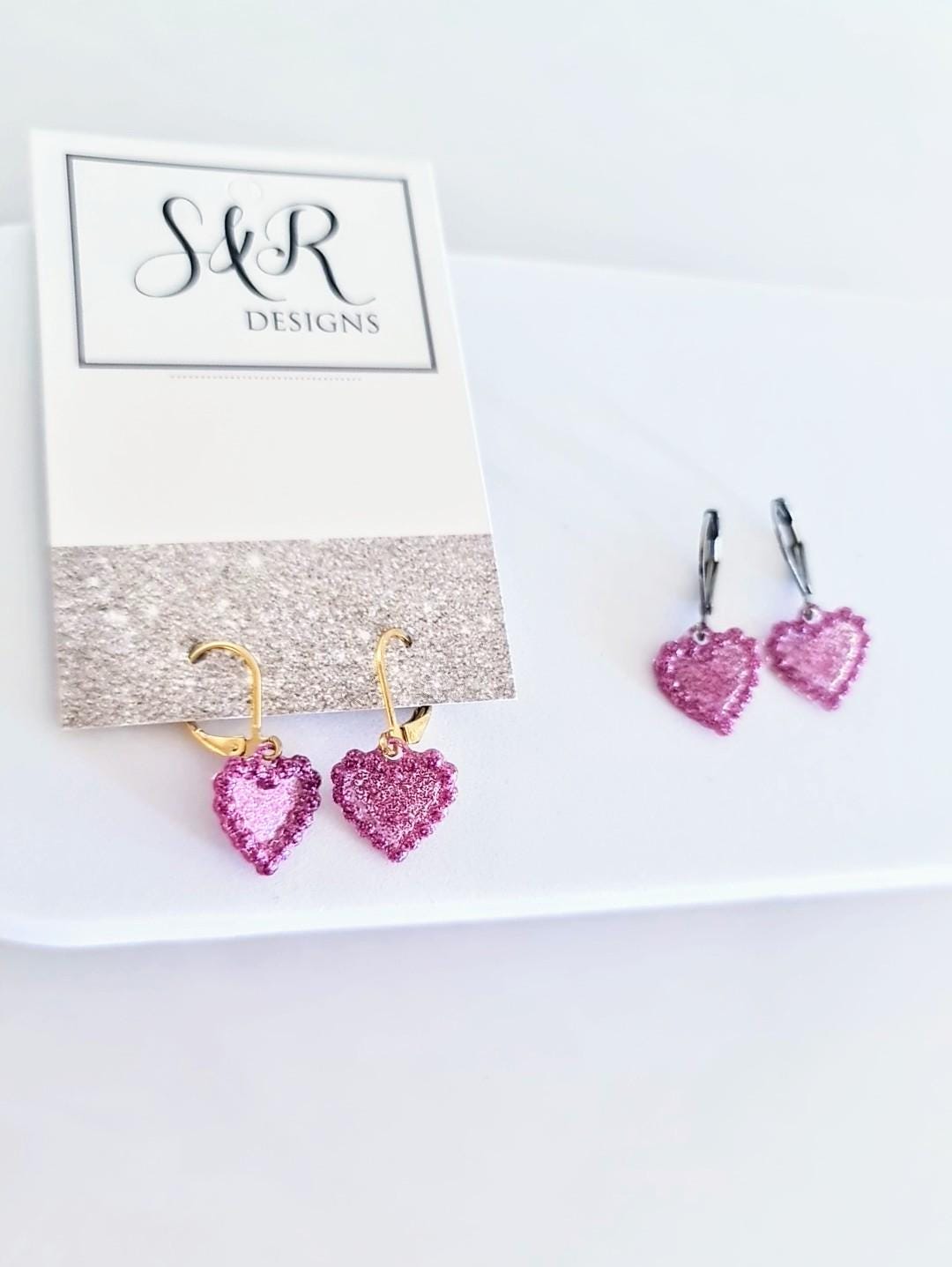 Pricilla Pink Heart Earrings, Minimalist Heart Drop Earrings, Gold Stainless Steel Dangle Drops, Choose Leverback or Hook Earwire Earrings.