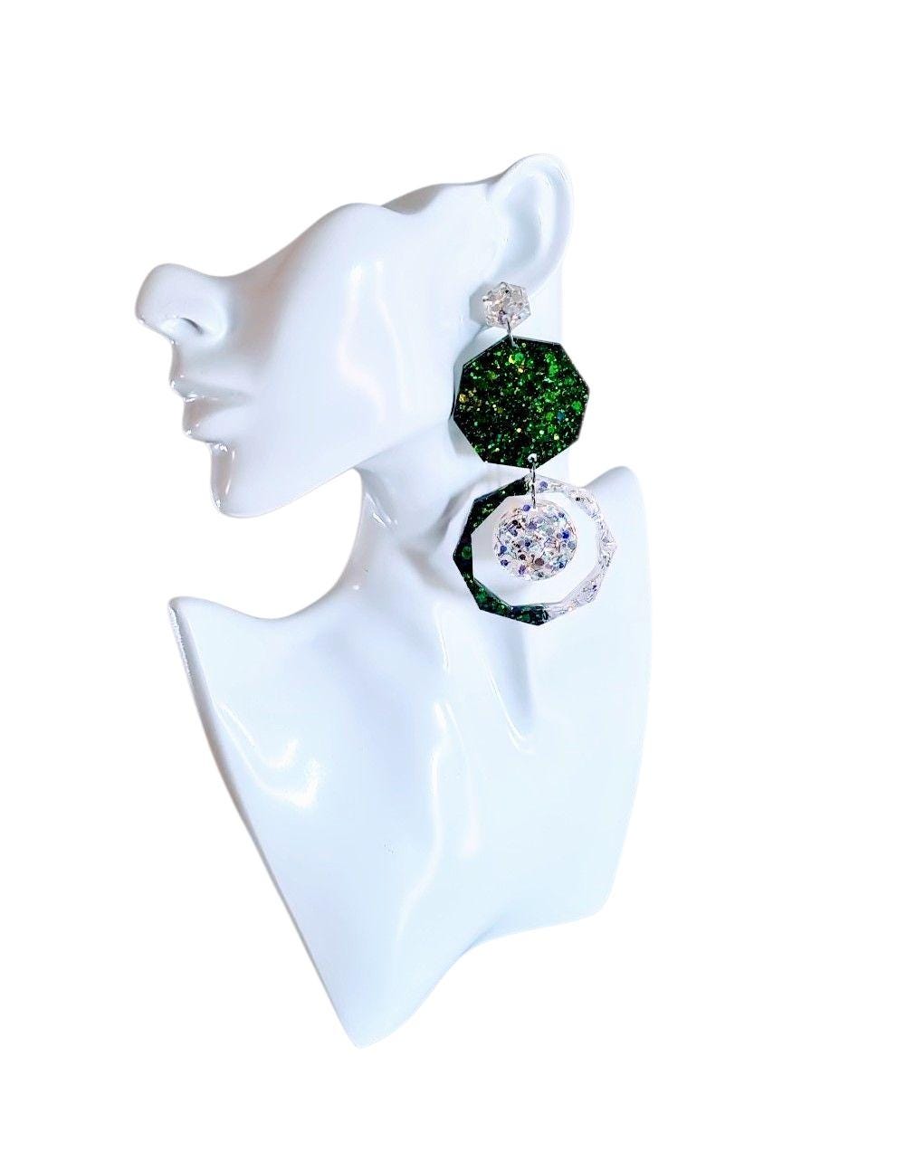 Green Oversized Long Earrings, Hypoallergenic Stainless Steel Hooks, Glitter Geometric Statement, Bold Chunky Lightweight Jewellery