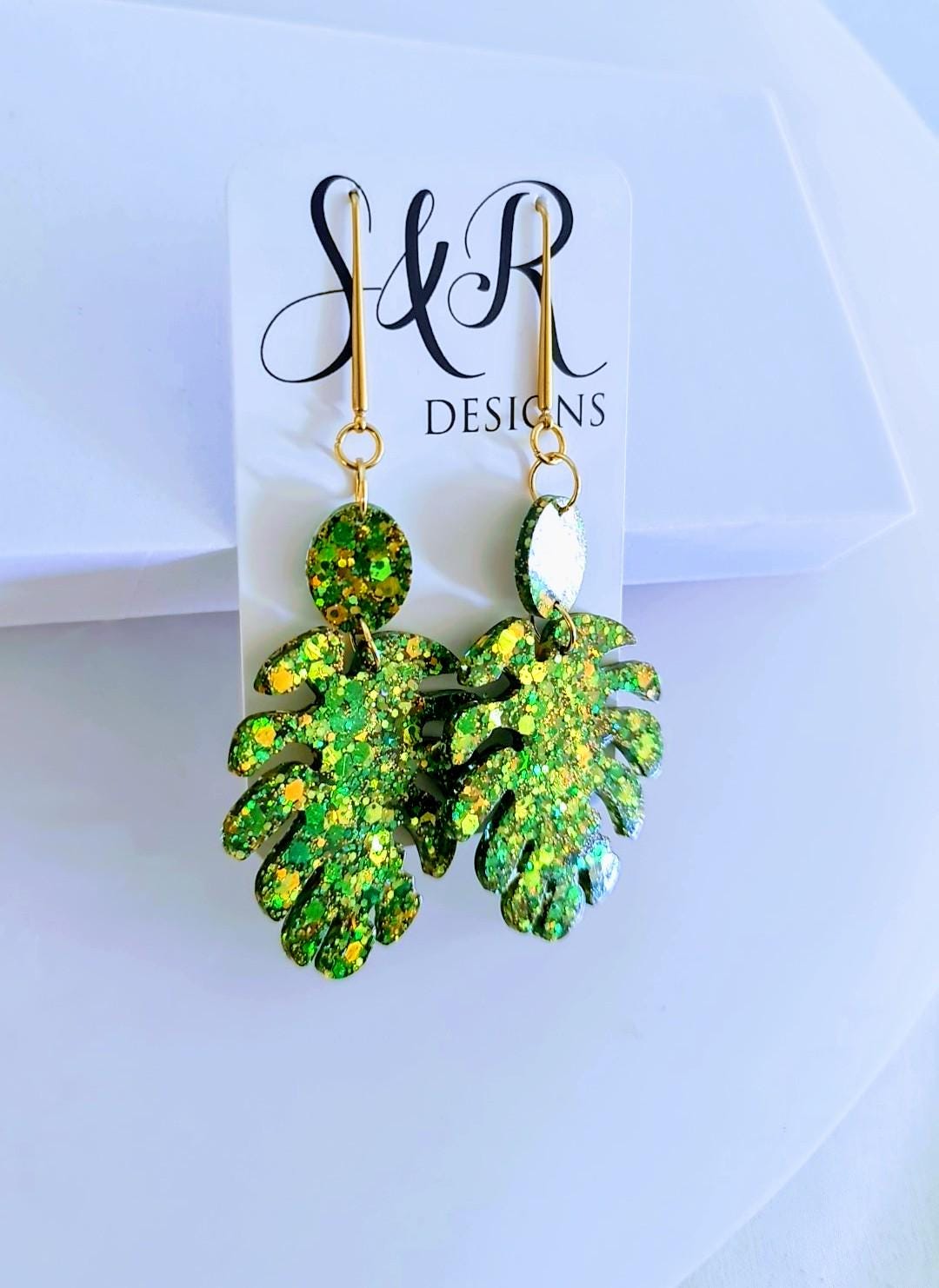 Green Monstera Leaf Dangle Earrings, Gold Glitter Resin Statement Jewelry