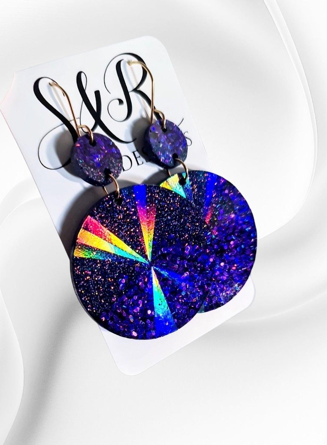 Purple Circle Dangle Earrings, Holographic Shimmer Mix Glitter, Long Dangle, lightweight Statement Earrings, Stainless Steel Hypoallergenic