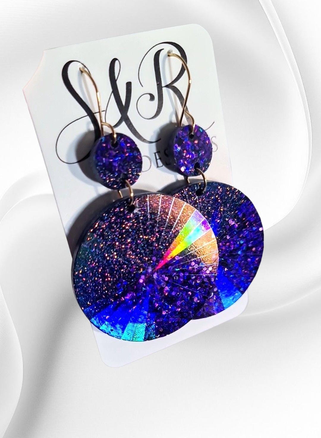 Purple Circle Dangle Earrings, Holographic Shimmer Mix Glitter, Long Dangle, lightweight Statement Earrings, Stainless Steel Hypoallergenic