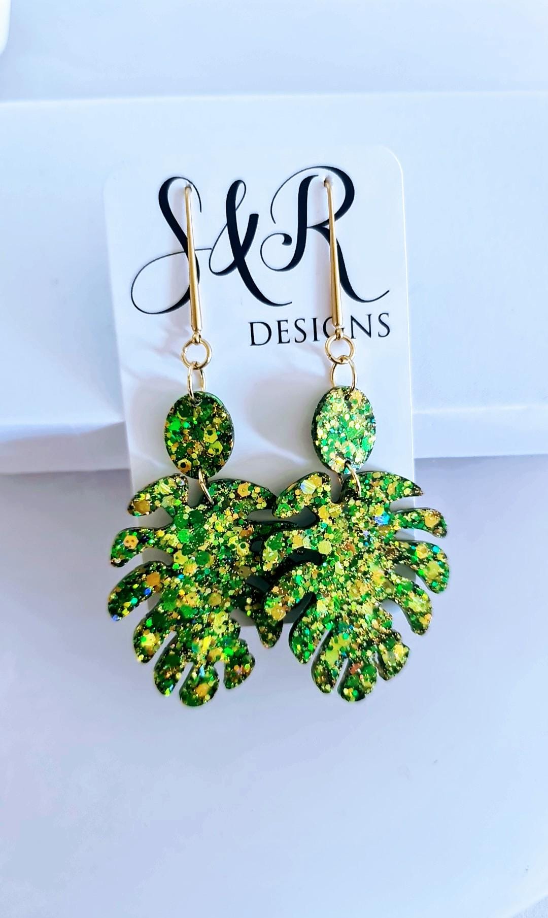 Green Monstera Leaf Dangle Earrings, Gold Glitter Resin Statement Jewelry
