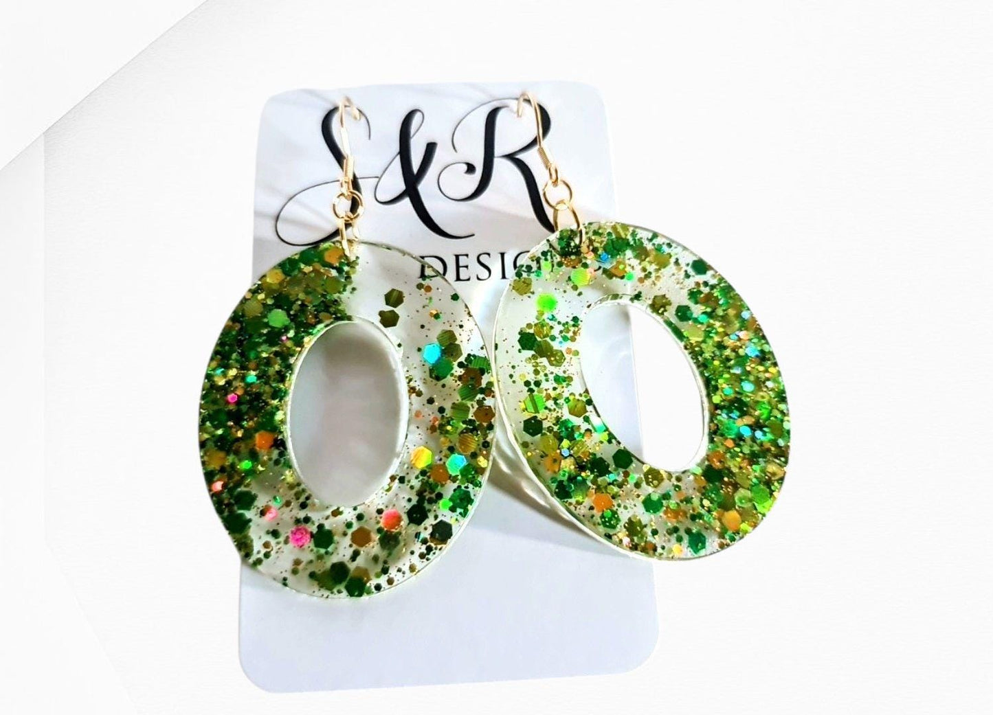 Green Glitter Resin Dangle Earrings: Stainless Steel, Hypoallergenic