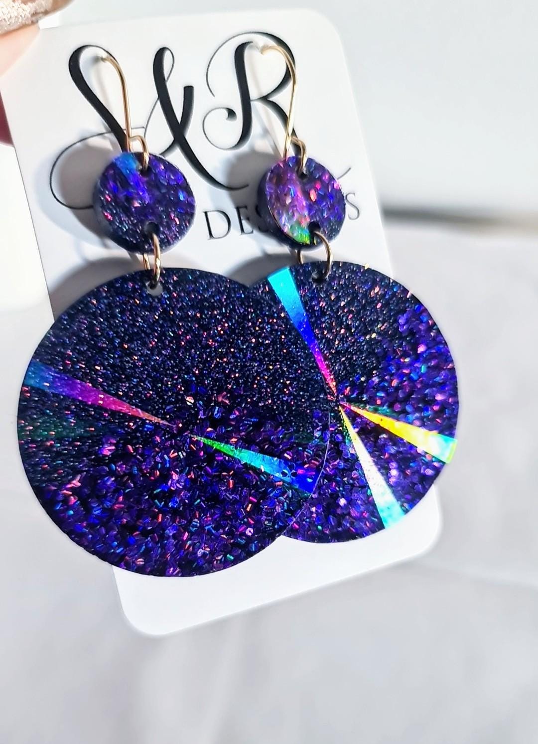 Purple Circle Dangle Earrings, Holographic Shimmer Mix Glitter, Long Dangle, lightweight Statement Earrings, Stainless Steel Hypoallergenic