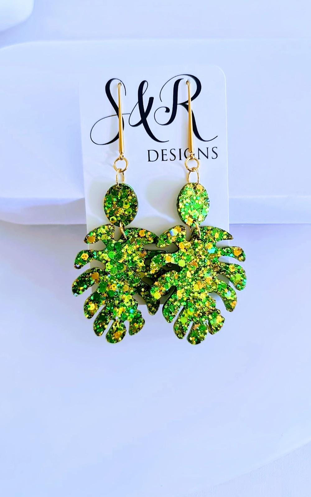 Green Monstera Leaf Dangle Earrings, Gold Glitter Resin Statement Jewelry